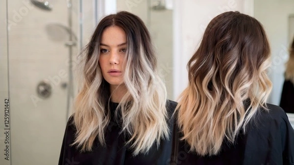 Fototapeta  hair is initially dry and frizzy, with dark roots and light ends. Her hair is styled in loose waves.