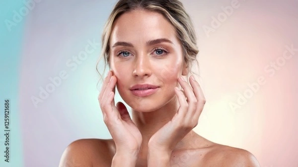 Fototapeta a beautiful blonde woman with healthy skin. She is looking at the camera and gently touches her face with her hands