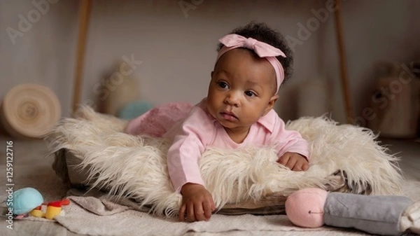 Fototapeta An African American infant resting on a soft surface. 