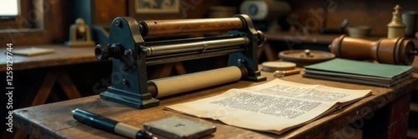 Obraz Old-fashioned printmaking equipment on display, printmaking, workshop, display