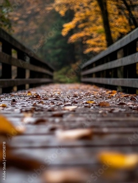 Fototapeta Scenic Wooden Pathway Surrounded by Autumn Foliage and Wet Leaves : Generative AI