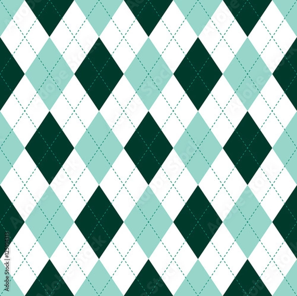 Fototapeta Seamless argyle pattern in dark green, aquamarine green and white. 