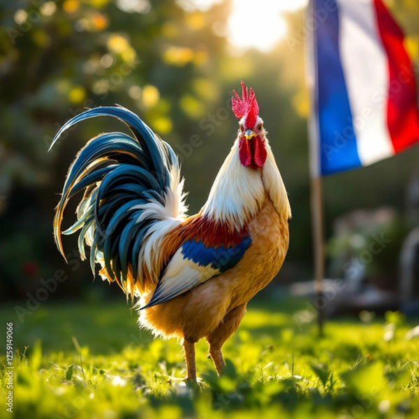 Fototapeta Colorful Rooster Standing Proudly in a Sunlit Garden with a French Flag in the Background