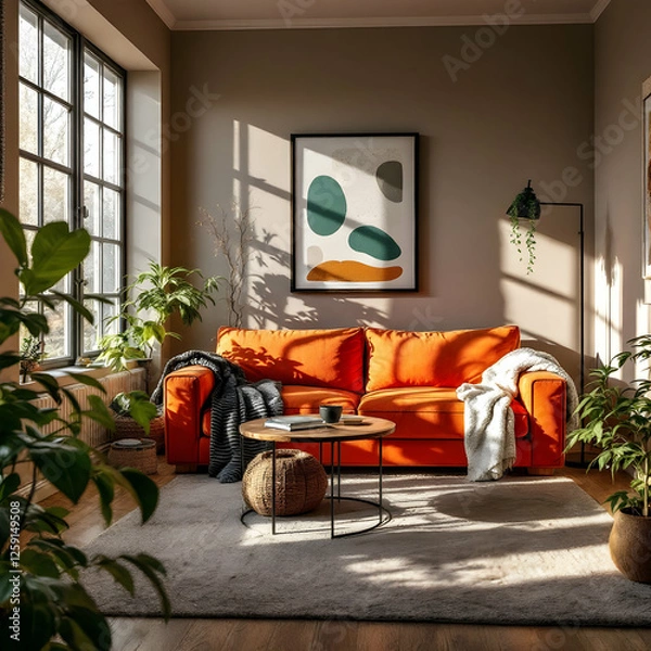 Fototapeta Cozy Living Room with Orange Sofa and Green Plants Bathed in Sunlight
