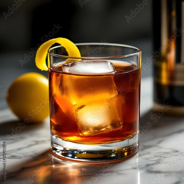Fototapeta Glass of Whiskey Cocktail with Ice and Lemon Twist on Marble Surface in a Stylish Bar Setting