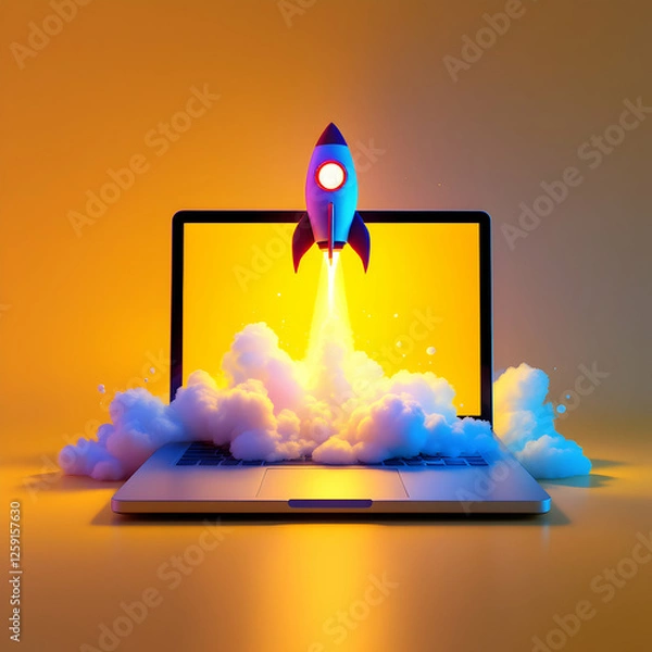 Fototapeta Rocket Launching from Laptop Surrounded by Clouds Signifying Innovation and Digital Growth