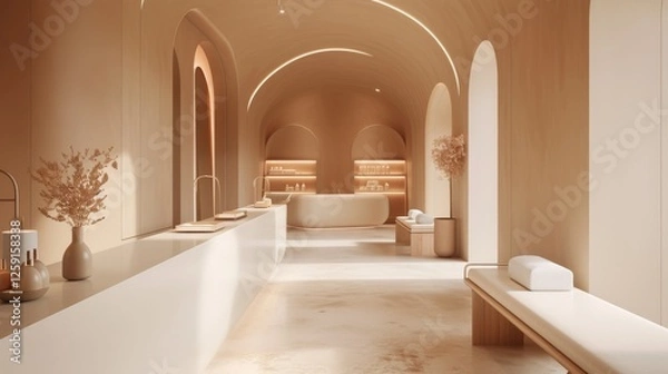 Fototapeta A sleek spa interior with soft neutral tones, arched ceilings, and warm ambient lighting. The elegant space conveys tranquility and relaxation, ideal for wellness and hospitality themes. AI generated.
