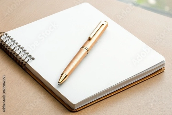 Fototapeta Blank Notebook and Gold Pen on Beige Surface