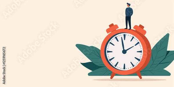 Fototapeta Leader standing on giant stopwatch, symbolizing time management and productivity. vibrant colors and design evoke sense of urgency and motivation