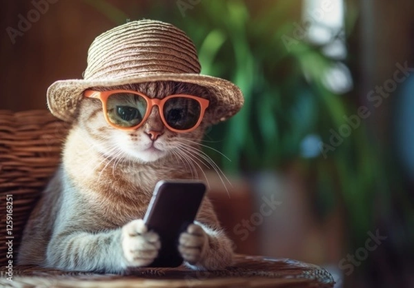 Obraz An amusing cat dressed in a sun hat and sunglasses is using a mobile phone, blending the elements of cuteness and humor in modern pet style. -
