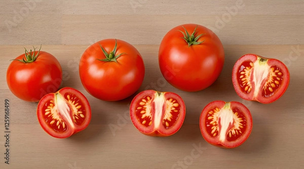 Obraz Ripe Red Tomatoes, Whole and Cut in Half, on Light Brown Wood Surface 