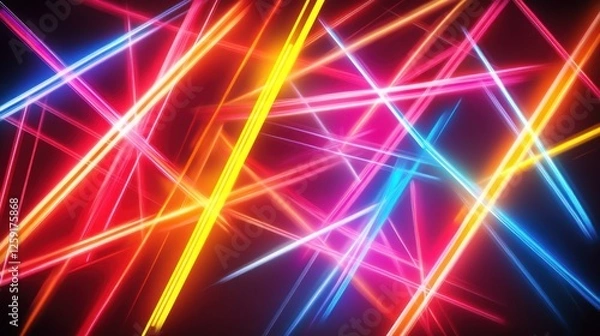 Fototapeta Abstract vibrant neon light streaks intersecting on black background.