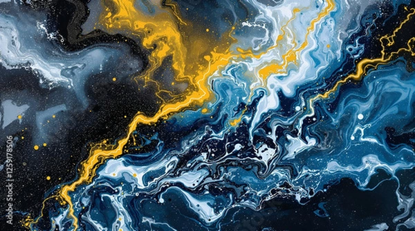 Fototapeta Fluid Blue and Gold Swirl Pattern - Abstract Marble Design with Metallic Accents