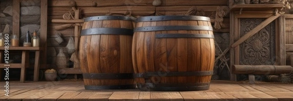 Obraz Wooden barrel with intricate carvings on a rustic farm background , rustic, texture, wood