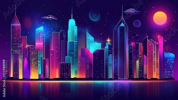 Fototapeta Neon Cityscape at Night with Flying Objects