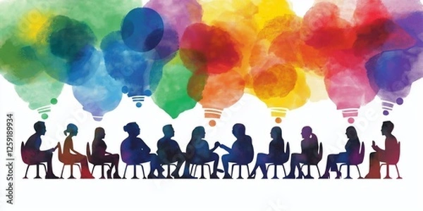 Fototapeta Silhouetted meeting with colorful thought bubbles in creative collaboration