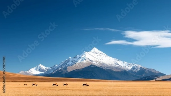 Obraz Majestic Snow-Capped Peaks Overlook Grazing Animals in Verdant Alpine Meadow Under Brilliant Sky. Incredibly Beautiful Place Concept