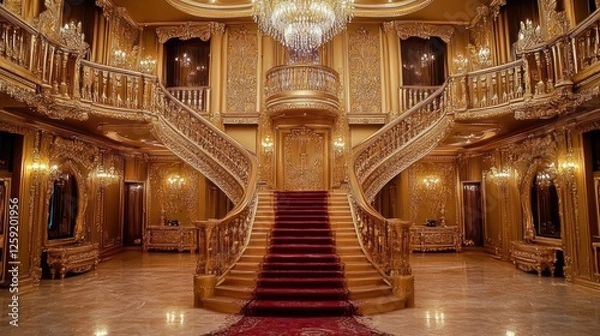 Obraz Grand mansion's opulent gold staircase, red carpet, interior design, opulent background