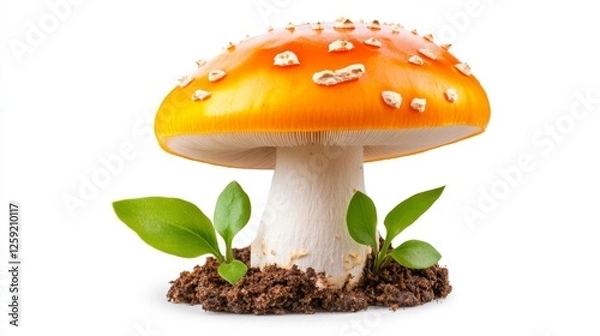 Fototapeta Bright Orange Amanita Mushroom Growing with Leaves and Soil. Generative AI