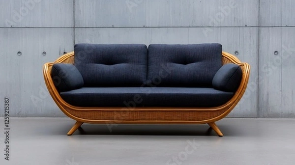 Obraz Elegant Mid-Century Modern Rattan Sofa with Dark Blue Upholstery