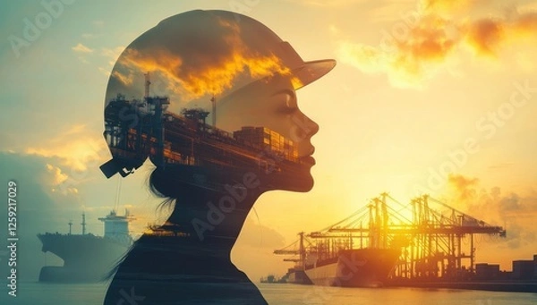 Obraz Woman Engineer Silhouette at Sunset with Industrial Port