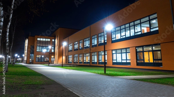 Fototapeta modern school building illuminated at night, showcasing its architecture and surrounding pathway