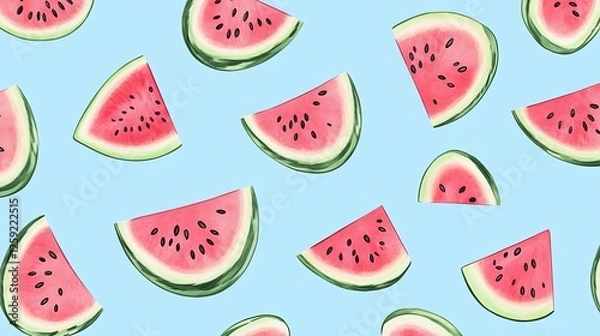 Fototapeta Vibrant Watermelon Fabric by the Yard Featuring Lush Green Background and Juicy Red Patterns Evoking a Summer Vibe Perfect for Crafting Sewing and Fashion Projects with a Refreshing Theme