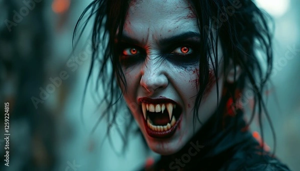 Fototapeta Scary Vampire Woman Screaming with Blood on Face and Sharp Teeth