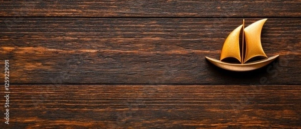 Fototapeta A wooden table background with a small decorative sailboat placed on it, creating a serene nautical theme.