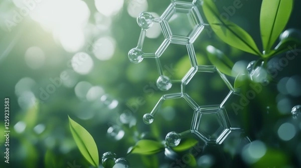 Fototapeta A molecule is seen in the background. Green sustainability 2023 chemistry. Environmental innovation and eco-friendly chemicals practices. A molecule can be observed in lifestyle the background.