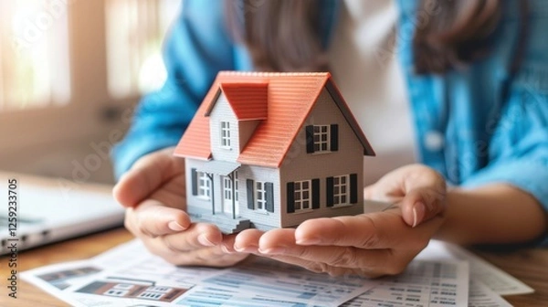 Fototapeta Woman's hands hold a model house with rental contracts nearby