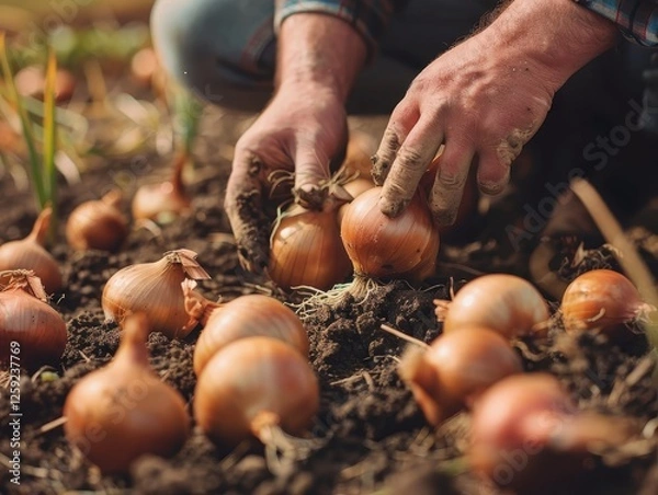 Fototapeta Farmer harvesting fresh onions in a natural earthy setting