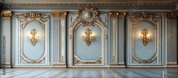 Fototapeta Elegant interior of a luxurious room with ornate gold detailing and soft lighting