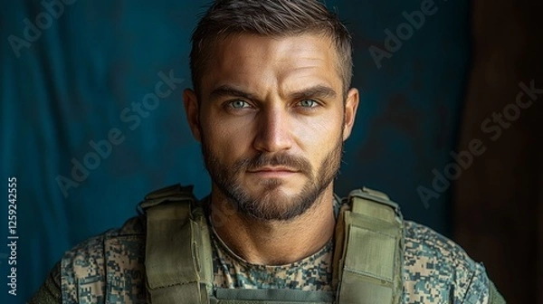 Fototapeta portrait captures man high and tight military haircut featuring ultra short sides and aggressive fade. His strong jawline contributes intense gaze and confident demeanor.