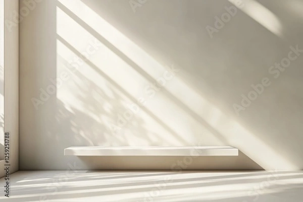 Obraz Espaço minimalista com luz natural projetando sombras dramáticas, apresentando um pódio simples e elementos decorativos sutis, criado com IA generativa