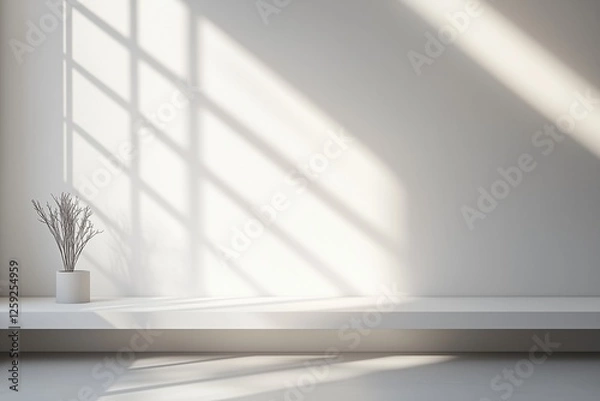 Obraz Espaço minimalista com luz natural projetando sombras dramáticas, apresentando um pódio simples e elementos decorativos sutis, criado com IA generativa