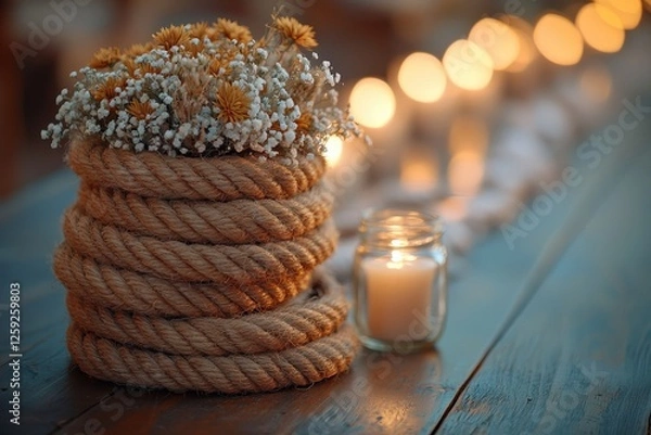 Fototapeta Rustic floral arrangement in woven rope vase with candles nearby