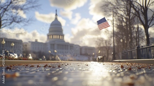 Fototapeta U s capitol building is seen in background. Flag of united states on capitol. President of the republic of democratic 2024 in the presidential election. The u. s. capitol lifestyle building is.