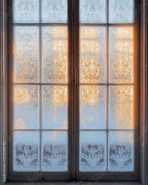 Fototapeta A serene view of frost-covered windows, with intricate patterns illuminated by morning light