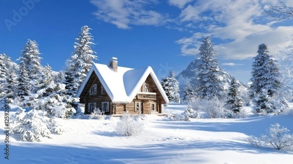 Fototapeta Cozy Log Cabin Surrounded by Winter Wonderland in Snow-Covered Landscape with Trees and Mountains in Background