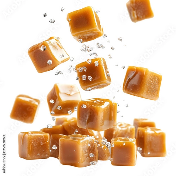 Fototapeta Levitation of Salted Caramel Cubes Gourmet Dessert Art Perfect for Food Styling, isolated on transparent background png 