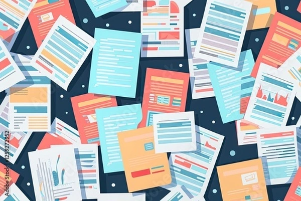 Obraz Colorful Documents Scattered Across Dark Surface