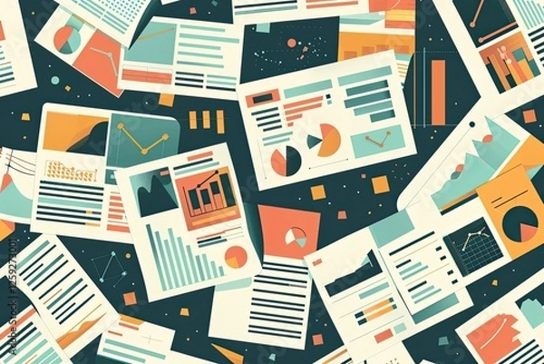Obraz Scattered Business Documents Showcasing Data Analysis Charts Graphs