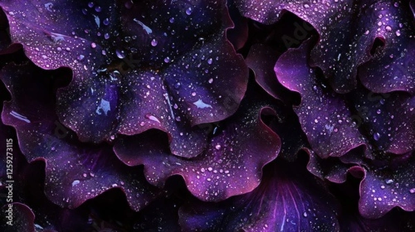 Obraz 102.An artistic shot of deep purple lettuce petals layered with sparkling raindrops, illuminated gently in diffused winter light.
