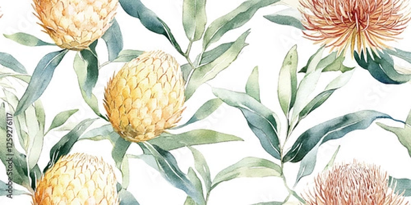 Obraz Australian flowers vector seamless repeating pattern of banksia, leaves on a white background, Botanical print with soft pastel colors
