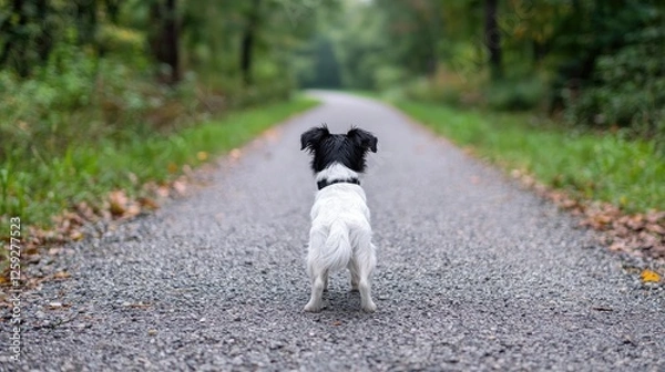 Fototapeta Small dog on path, autumn forest background