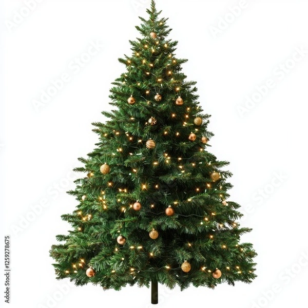 Obraz Lush Green Artificial Christmas Tree Decorated with Golden Ornaments and Warm White Lights