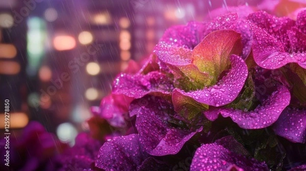 Obraz 14.A close-up of a vibrant bush of young magenta lettuce, glistening with fresh rain droplets, showcasing the intricate details of its leaves.