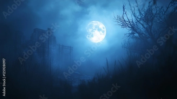 Fototapeta Full moon in the night. Full moon in the sky with blue fog and blue clouds at night. A dark eerie gothic nighttime ambiance with a light and a spooky light. A complete moon shining lifestyle in the.