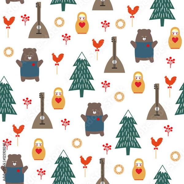 Fototapeta Russian symbols seamless pattern. Cute cartoon illustration with bear, fir tree, balalaika, nested doll. Russian design for wrapping paper, textile, fabric etc. Child drawing style vector background.